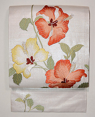 芙蓉文様刺繍変わり絽名古屋帯