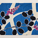 ブルー地芝梅雨に萩の名古屋帯 前柄