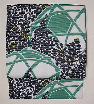 蛇籠に秋草の染め名古屋帯