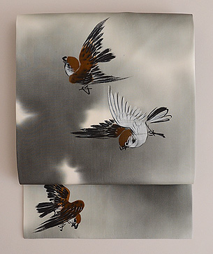 雀の描き絵名古屋帯