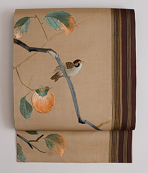 柿の木に雀の刺繍名古屋帯