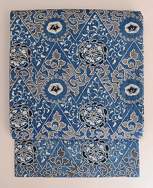 藍地丸に唐草文様和更紗名古屋帯