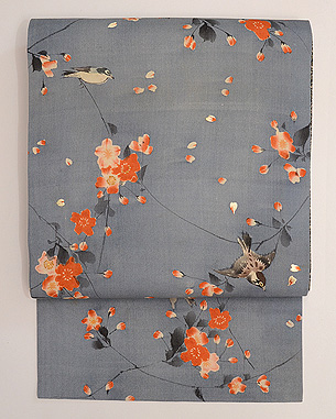 桜に雀江戸縮緬の名古屋帯