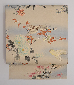 四季の花に野鳥江戸縮緬の名古屋帯