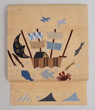 ヨットのコラージュ麻の名古屋帯