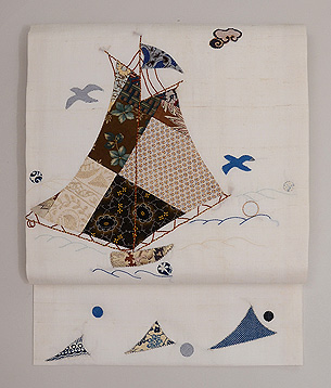 ヨットのコラージュ紬地名古屋帯