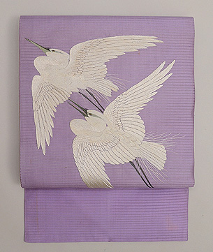 紫地白鷺の刺繍絽の名古屋帯