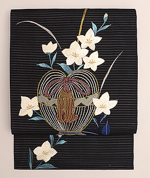 桔梗に虫かごの名古屋帯