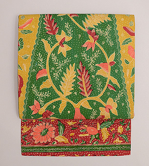 インドネシア 緑色バティック名古屋帯