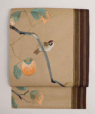 柿枝に雀、ボーダーの名古屋帯