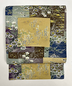 色紙文様縮緬の名古屋帯