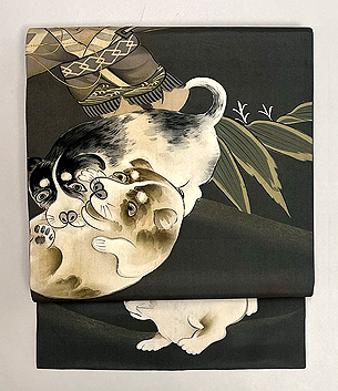 仔犬に奴凧の染め名古屋帯