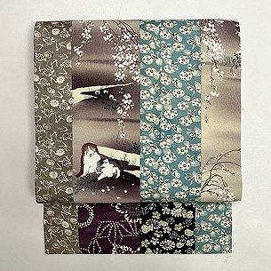 桜下仔犬文様継ぎ名古屋帯