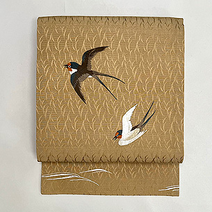 垂れ柳に燕の刺繍絽紗の名古屋帯