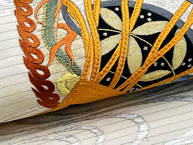 アンティーク　丸帯　夏帯　絽　鯉のぼり　薔薇　刺繍　正絹三日月138